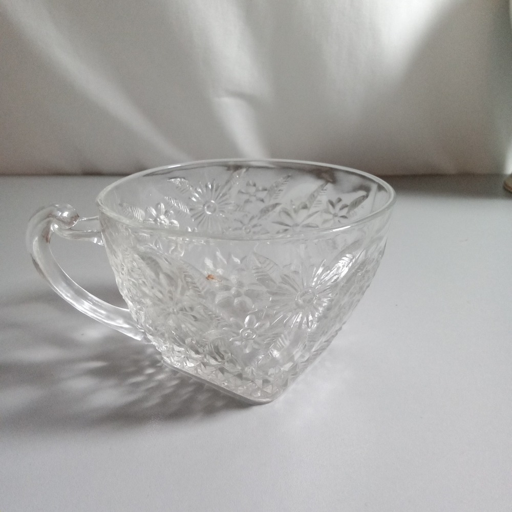 Vintage Clear Pressed Glass Floral Teacup Diamond Pattern Square Base